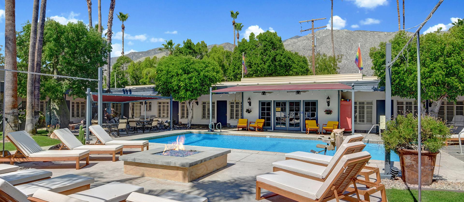 Pool, lounge area and fire pit